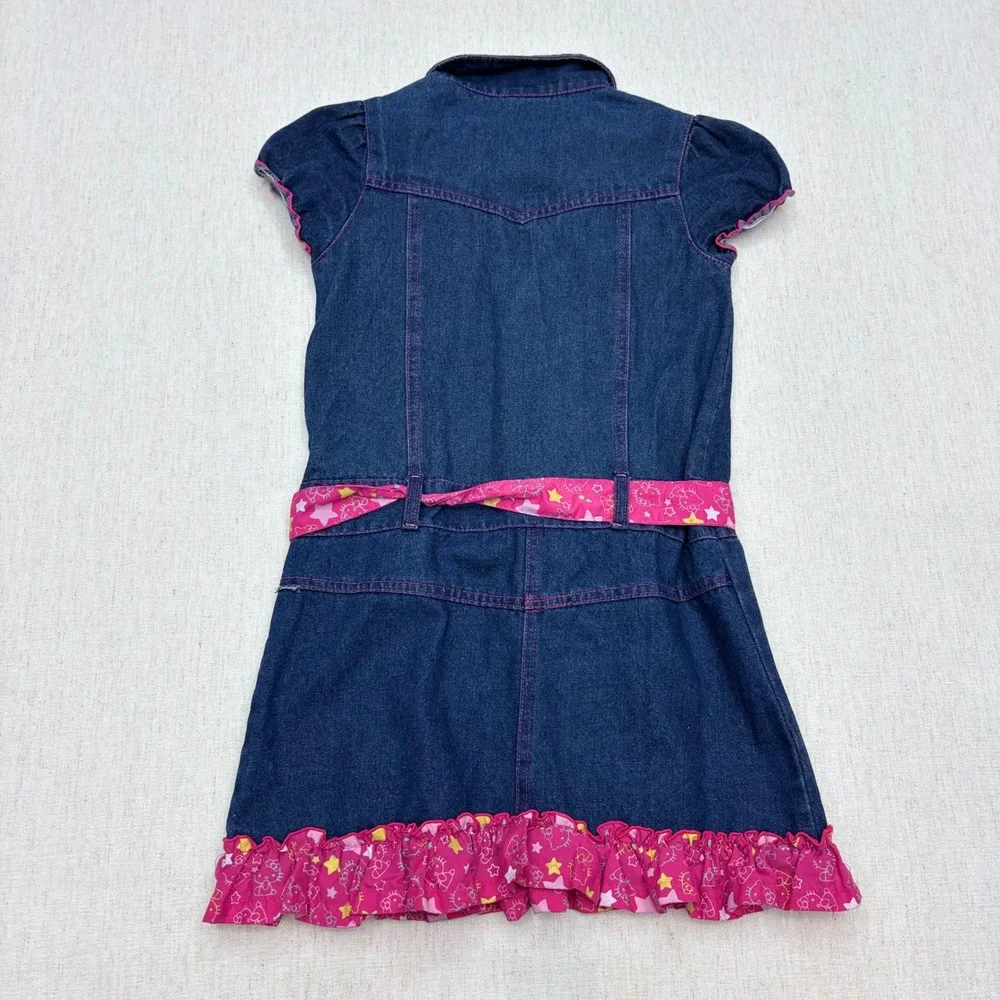 Hello Kitty Girls Denim Shirt Dress Blue Pink Ruffle Embroidered Size 12 Y2K